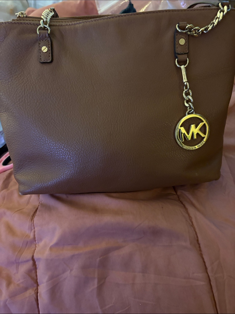 Michael Kors Chocolate Brown Leather Tote with Gold Chain Charm